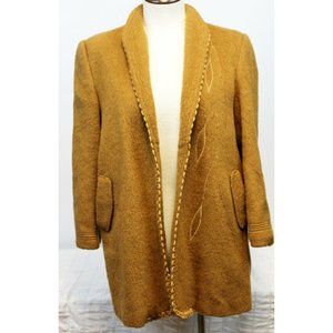 1960s Hye Tin Brown Wool Coat Women 8/10 Embroider Gold-Satin Trim Lined Pockets